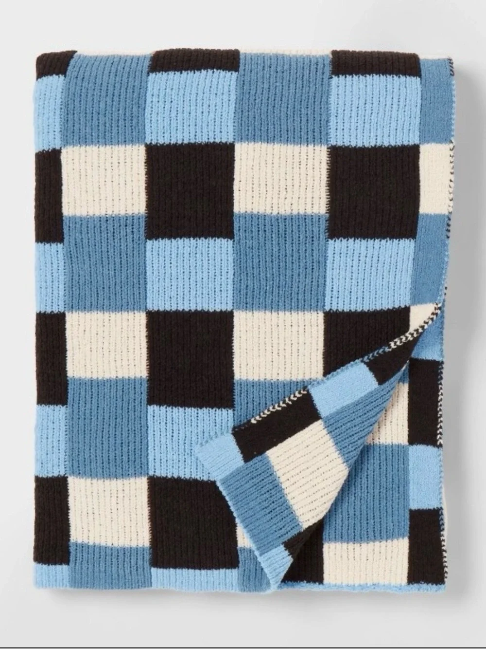 Pillowfort Blue Black Cream Checkerboard Knit Throw Blanket
